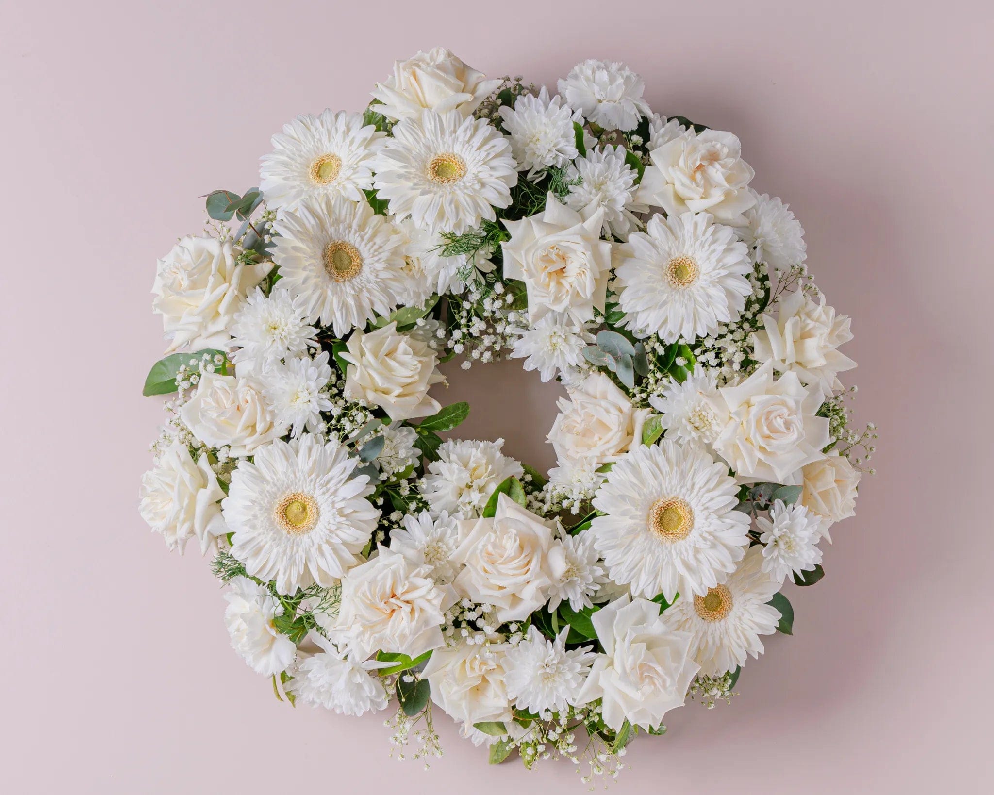 Eternal Peace Wreath 1 Eternal Peace Wreath - Funeral Flowers with Roses, Gerberas & Eucalyptus